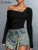 Asymmetrical Slash Neck Wild T-shirts Concise Ruched Full Sleeve Skinny Crop Tees Trend Basic Female Street Tops