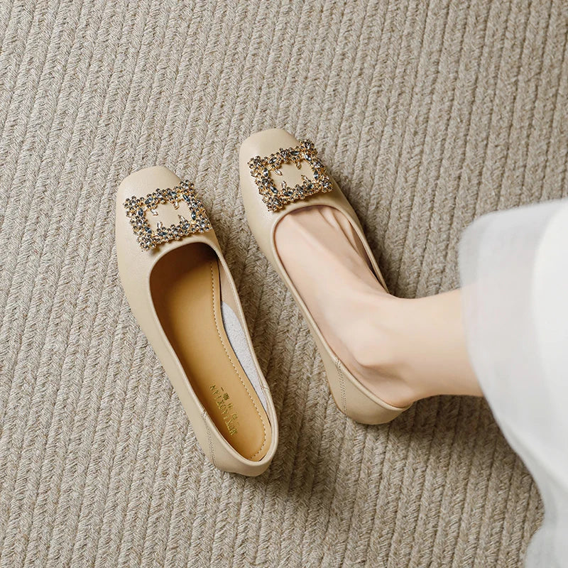 Rhinestone Lace Square Buckle Square Closed Toe Slip on Flat Shoes , Work Driving Walking Wedding