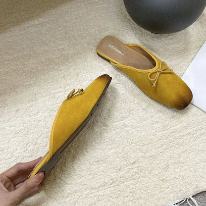 Mixed Color Bow Satin Square Toe Flat Slippers Comfortable Shallow Mule Shoes Zapatillas De Mujer