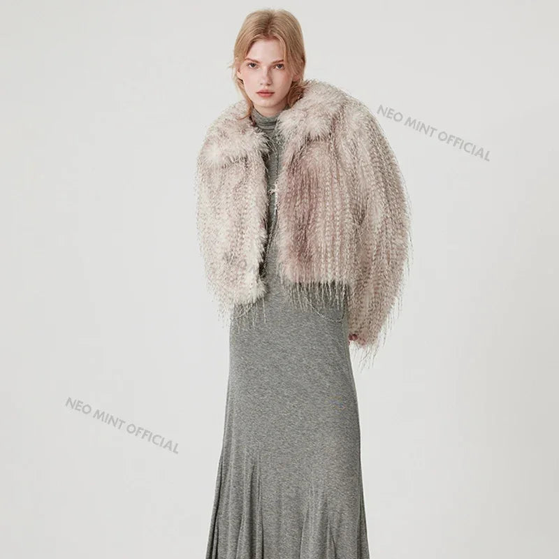 Exclusive Designer Winter Gradient Faux Peacock Fur Coat Furry Tassels Fur Jackets Y3k Outerwears