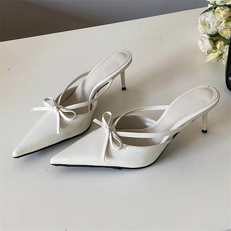 Silver White Butterflyknot Pointed Toe Slippers Shoes Party Dress Thin Heels Sandals
