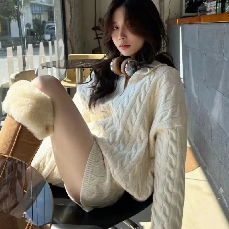 Korean Twopiece Set Vneck Loose Pullover Sweater Top Shorts Outfits Autumn New Suit Female Clothing