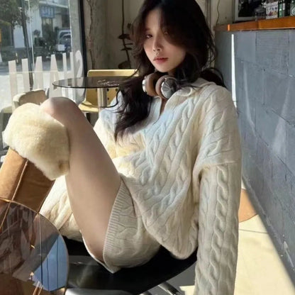 Korean Twopiece Set Vneck Loose Pullover Sweater Top Shorts Outfits Autumn New Suit Female Clothing