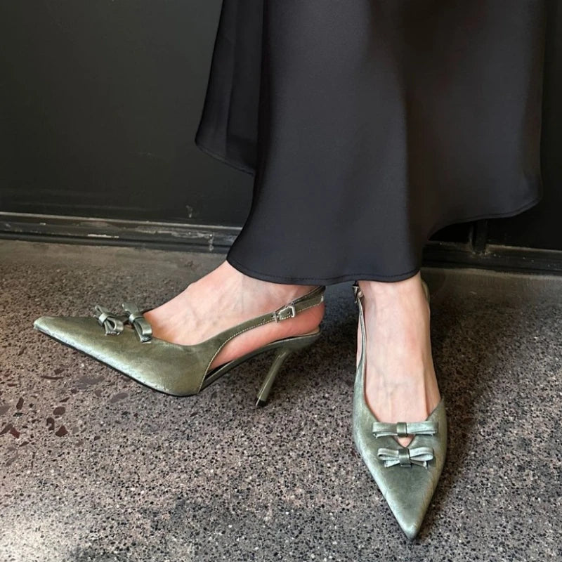 Spring Bowknot Strap Thin Heeled Shoes Hollow Pointed Fine High Heels Wedding Banquet Shallow Mouth Female Sandals