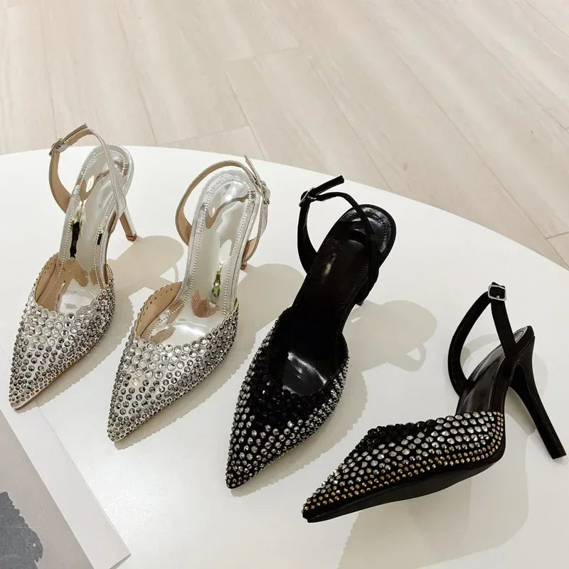 Rhinestones Pointed Toe Thin High Heels Hollow Buckle Designer Brand Sandals Female Banquet Party Shoes