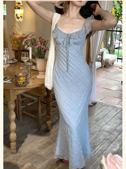 French Midi Dress Evening Party Beach Dress Korean Bodycon 2000s Y2k Clothing Outwear