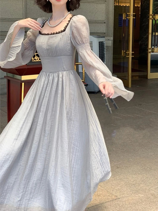 Autumn Princess Midi Dresses for Square Collar Flare Sleeve A-line Party Dress Slim Waist Korean One Piece Vestidos New