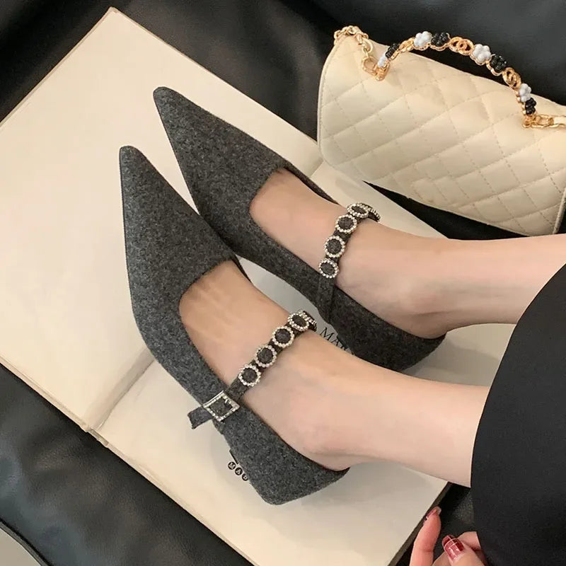 Satin Rhinestone Pointed Toe Buckle Shallow Low Heeled Shoes Wedding Pumps