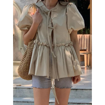 Allmatch Oneck Lace Up Blusas Mujer Summer New Ruched Shirts Y2k Puff Sleeve White Loose Blouses