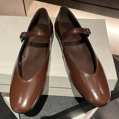 Genuine Leather Sqaure Toe Mary Jane Ballet Flats Leisure Soft Comfortable Female Ballerians Espadrilles Shoes