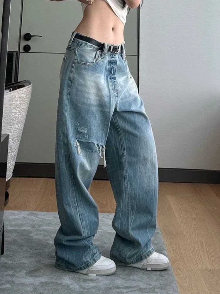 Ripped Jeans for Hip Hop Loose High Waist Korean Wide Leg Denim Pants Y2k Causal Mujer Trousers