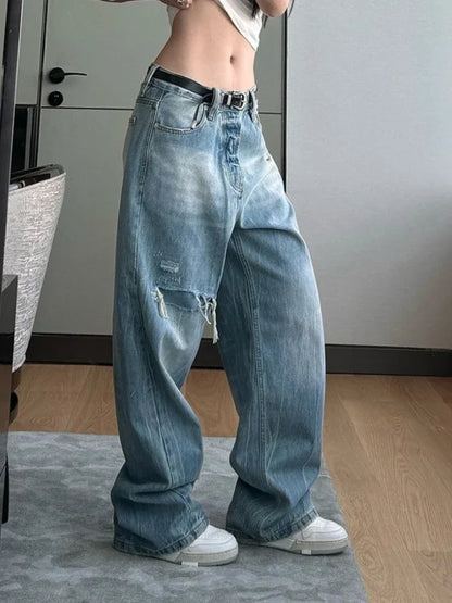 Ripped Jeans for Hip Hop Loose High Waist Korean Wide Leg Denim Pants Y2k Causal Mujer Trousers