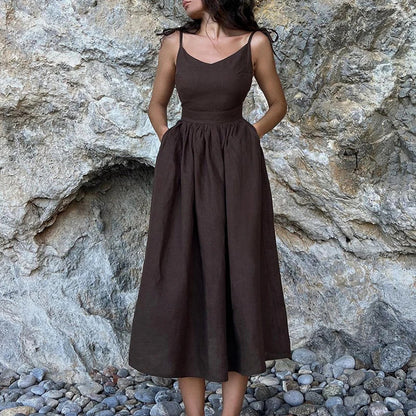 New Summer Spaghetti Strap Beach Dress Vneck Hollow Pleats Long Dress Backless Pocket Holiday Dresses