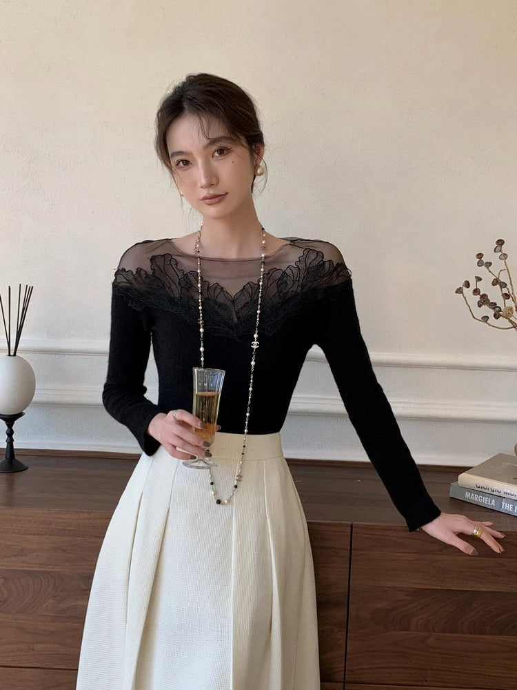 White Off Shoulder Knit Sweater Lace Transparent Mesh Long Sleeve Crop Pullovers Fairycore Aesthetics Clothes