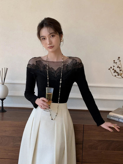 White Off Shoulder Knit Sweater Lace Transparent Mesh Long Sleeve Crop Pullovers Fairycore Aesthetics Clothes