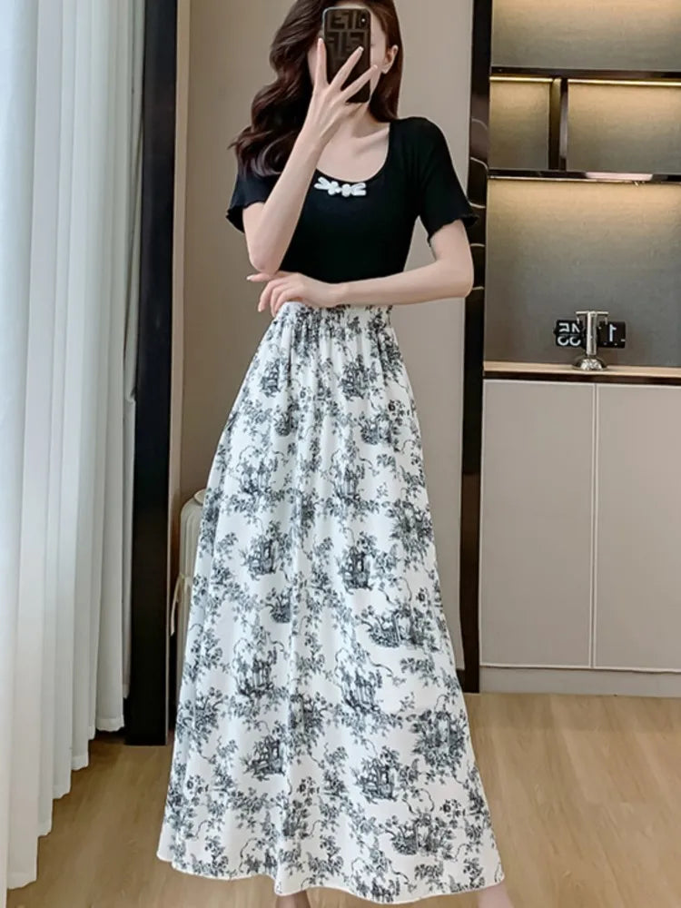 Dresses for Patchwork Aline Long Dress Print Chinese Style New Summer One Piece Vestidos