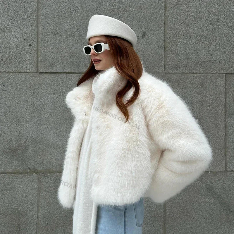 Winter Yellow Faux Fur Jacket Thicken Warm Stand Collar Fox Fur Coat Outerwear
