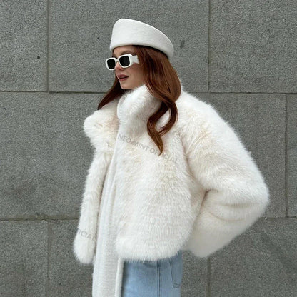 Winter Yellow Faux Fur Jacket Thicken Warm Stand Collar Fox Fur Coat Outerwear