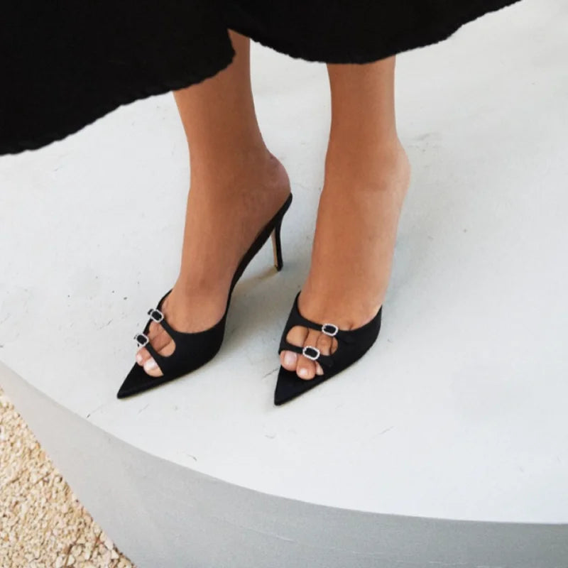 Shallow Summer Peep Toe Mules Belt Buckle Stiletto Heels Slip on Classic Simple Sandals Dress Outside Shoes