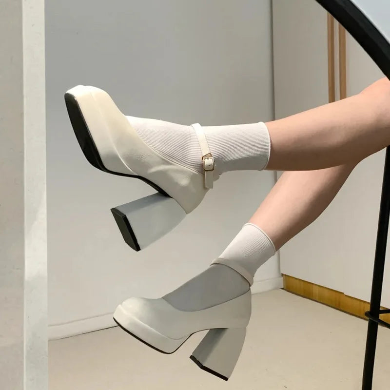 Black Platform Pumps for Super High Heels Buckle Strap Mary Jane Shoes Woman Goth Thick Heeled Party Shoes