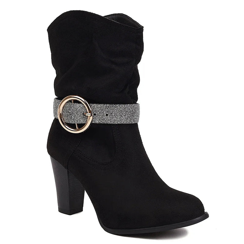 New Pointed Toe Square Root Female Midcalf Boots Shiny Buckle Autumn and Winter Party Shoes Woman