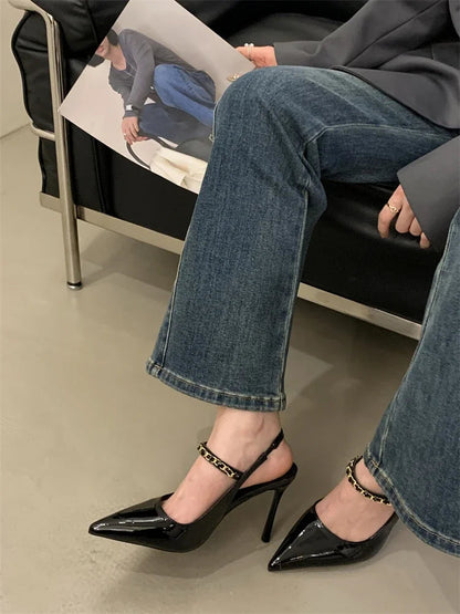 Summer Street Style Rivet Pointed Toe Pumps Sandals Buckle Strap Thin Heels Party Prom Stripper Shoes