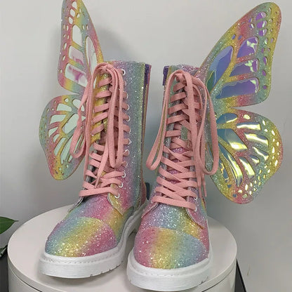 Shine Silver Real Leather Flat Sneakers Butterfly Wings Shoes Lace Up Ankle Boots Hightop Leisure Platform Shoes