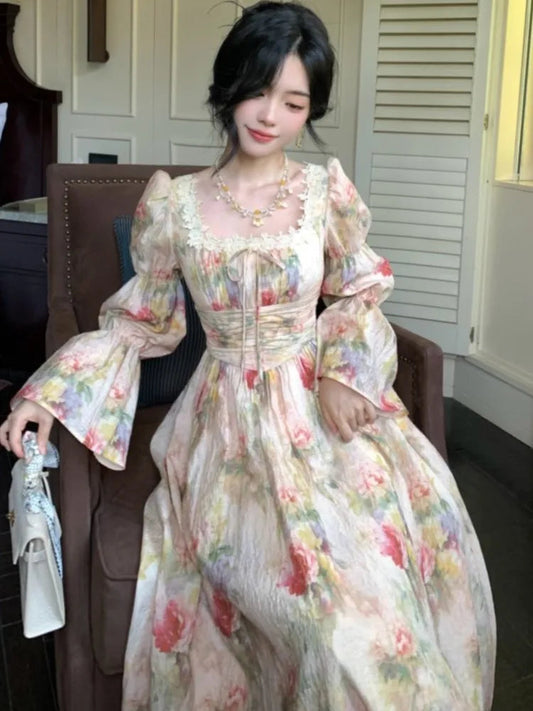 Autumn Painting Printed Long Dress French New Square Collar Lantern Sleeve Midi Dress Laceup Lady Vestidos Largos