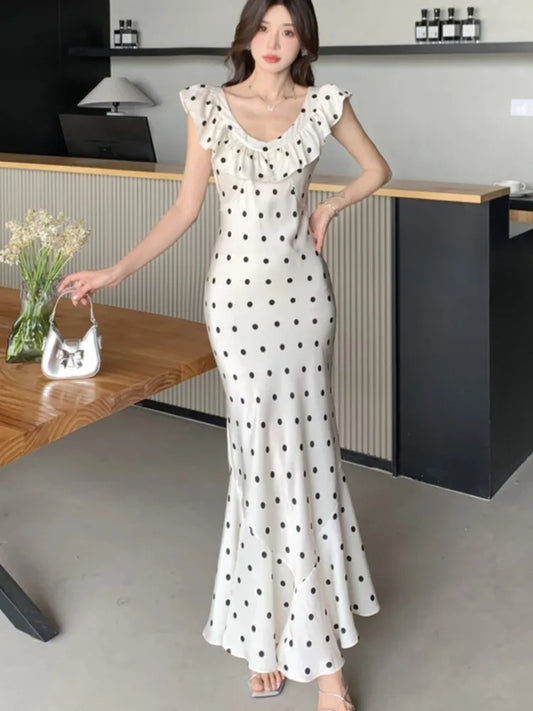 Bodycon Dot Midi Dresses for Ruffles V-neck Sleeveless Slim Mermaid Evening Party Dress Prom Robe Vestidos Mujer