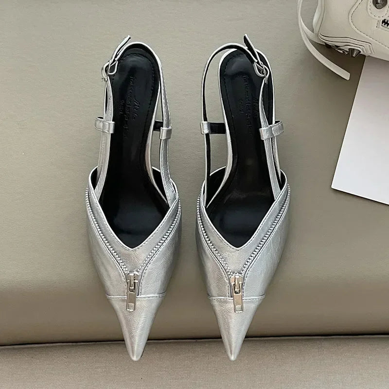 Pointed Toe Mules Pump Zip Design Slingbacks High Heels Female Footwear Summer Brand Shoes