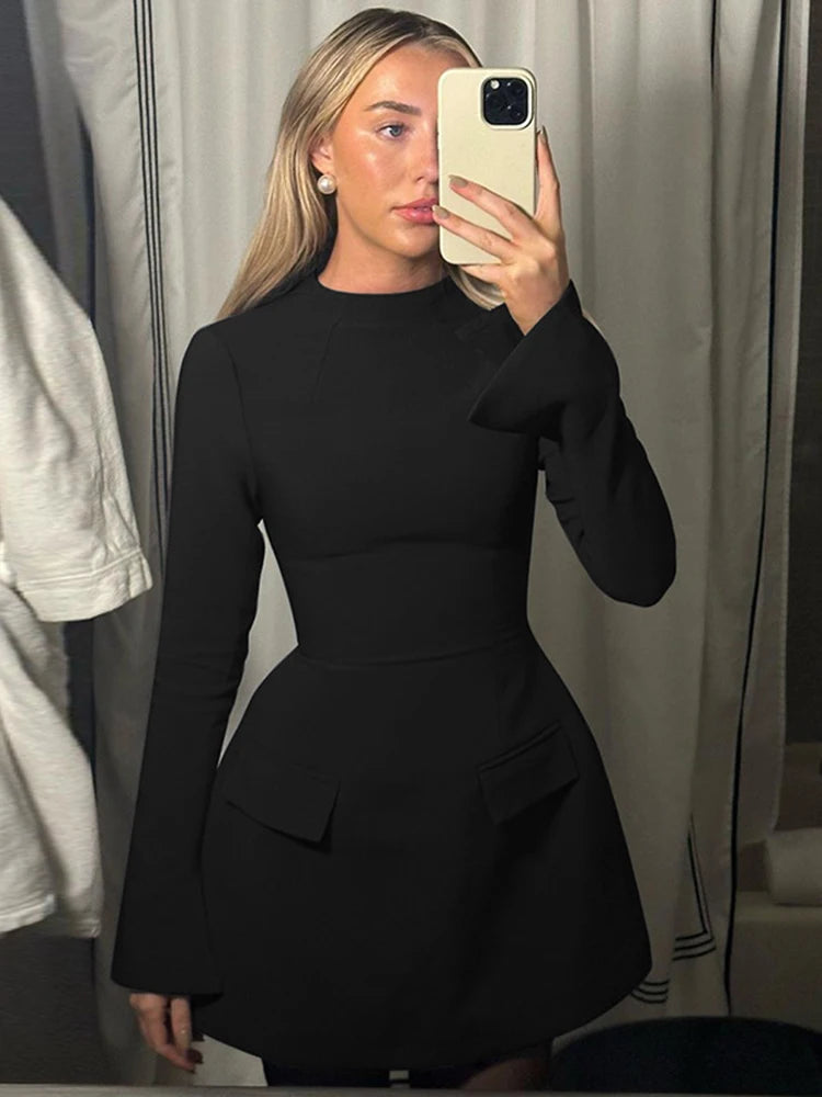Slim Mini Dress for Two Pocket Spring Autumn New Long Sleeve A-line Club Party Dress Female