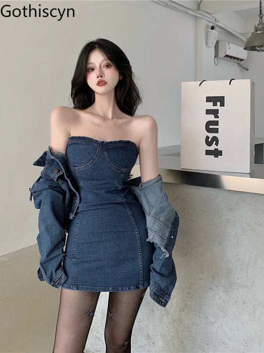 V High Street Denim Suit Spring New Short Coat Jacket Suspenders Tube Top Dress Korean Twopiece Set