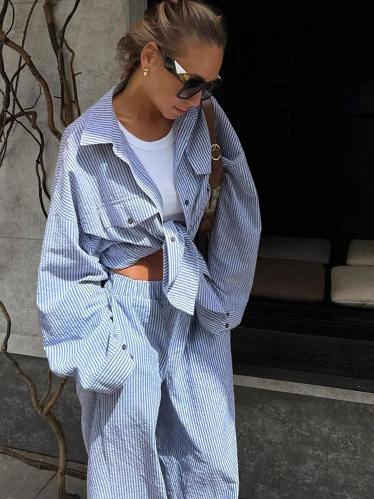 Contrast Color Shirt Pants Suit 2-piece ’s Summer Striped Patchwork ’s Suit 2-piece Pants Suit