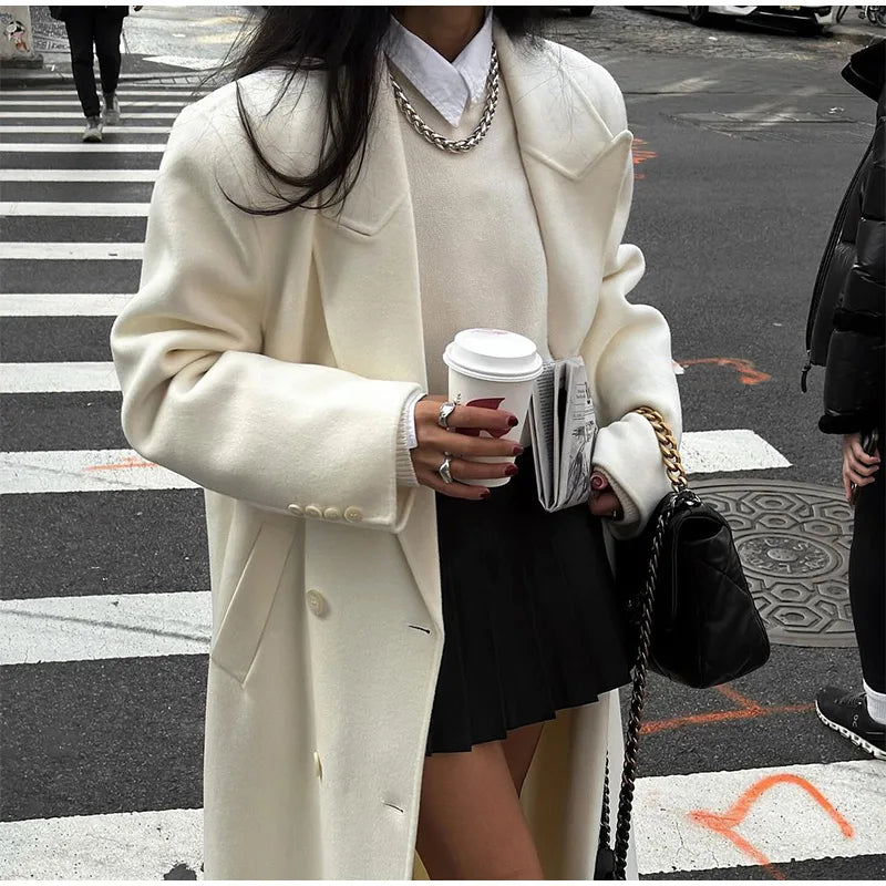 White Double Breasted Loose Woolen Coat Oversized Long Sleeve Overcoat Fall Winter New Outerwear