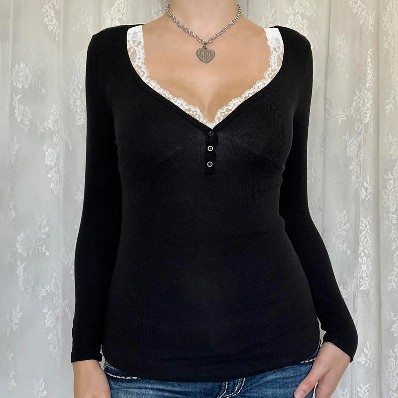 Contrast Lace Crew Neck Top Spring Y2k Long Sleeve Buttons T-shirt Knitted Slim Basic Tee Shirt 90s