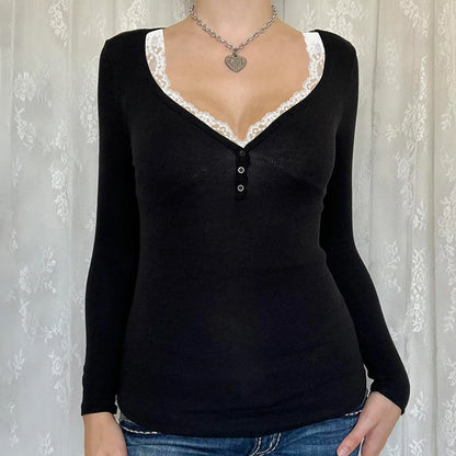Contrast Lace Crew Neck Top Spring Y2k Long Sleeve Buttons T-shirt Knitted Slim Basic Tee Shirt 90s