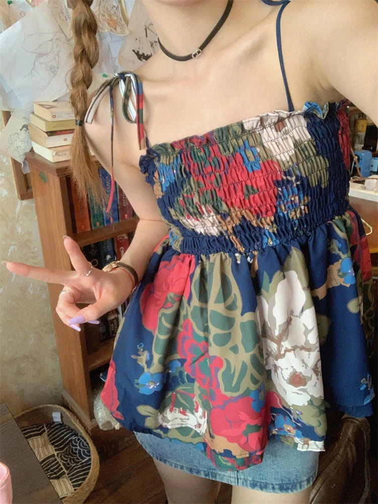 Print Camisole Shirt Summer Blouses Female Vacation Style Elastic Tank Tops