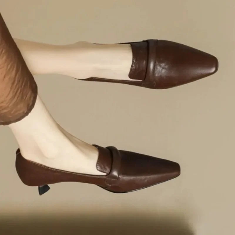 French Retro Temperament Lowheeled Shoes Spring New Leather Pointed High Heels Small Leather Shoes Large Size 43