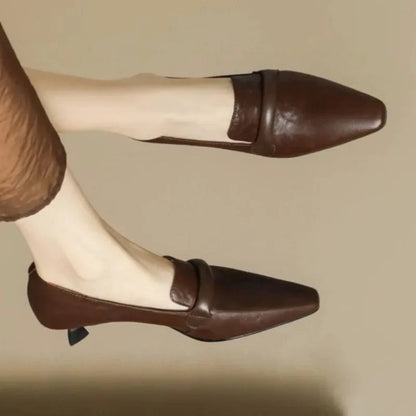 French Retro Temperament Lowheeled Shoes Spring New Leather Pointed High Heels Small Leather Shoes Large Size 43