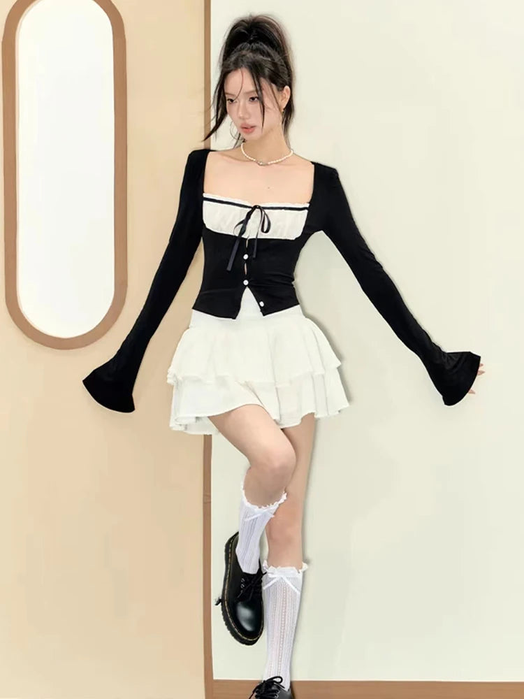 Korean Y2k Outfits 2 Piece Set Long Sleeve Square Collar Gyaru Tops + Tide Mini Tierred Ruffles Skirts