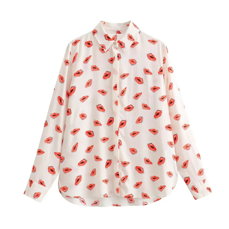Summer Blouses Woman Lips Printed Lapel Long Sleeves Single Breasted Shirts Female Loose Shirt Top