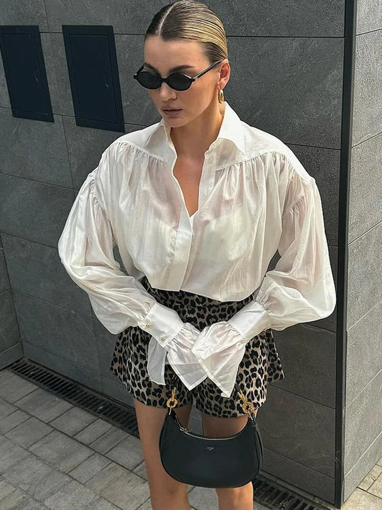 Autumn See-through Shirts Top for Loose Slim Long Sleeve Lapel Cardigan ’s Pleated Shirts Top