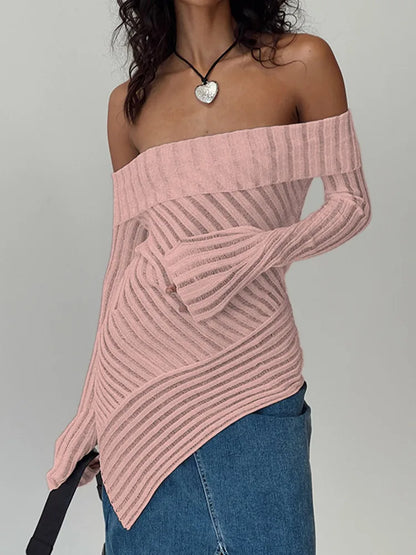 Strip Ruched Classic T-shirts Unique Asymmetrical Long Bell Sleeve Off Shoulder Slim Fit Top Wild