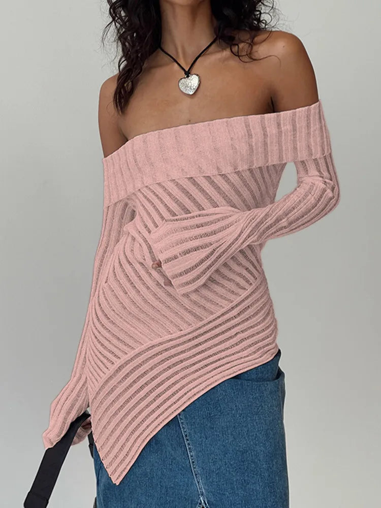 Strip Ruched Classic T-shirts Unique Asymmetrical Long Bell Sleeve Off Shoulder Slim Fit Top Wild