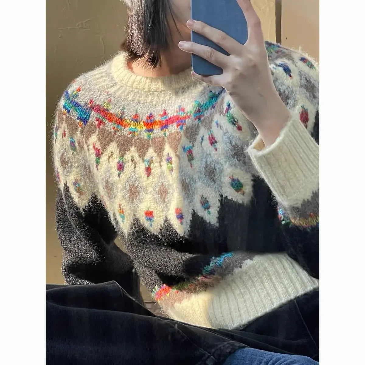 Argyle Knit ‘s Sweaters Harajuku Rainbow Color Long Sleeve Pullovers Japan Style Cutecore Winter Clothes