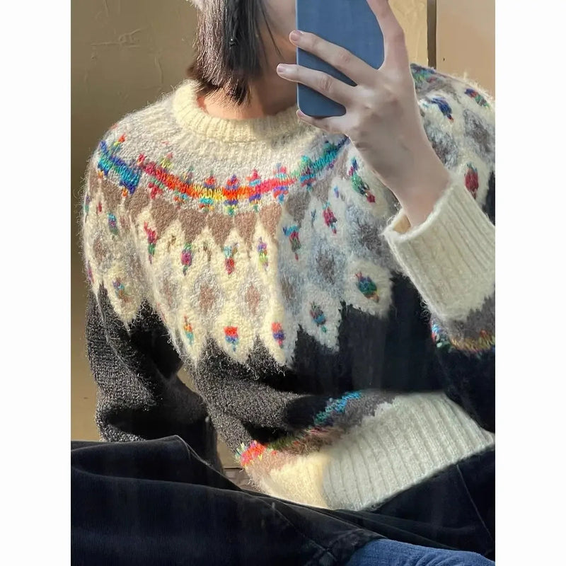 Argyle Knit ‘s Sweaters Harajuku Rainbow Color Long Sleeve Pullovers Japan Style Cutecore Winter Clothes