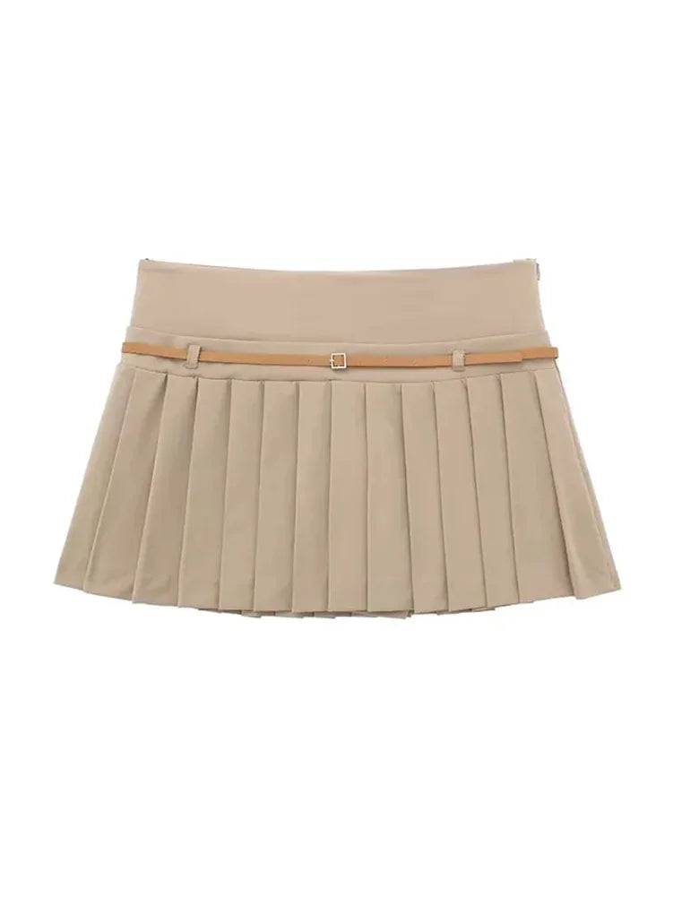 Skirts High Waist Pleated Skirt With Belt Female Aline Skirts With Lining Shorts