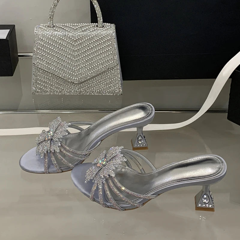 New Gold Silver Crystal Gem Strange Low Heels Slippers Rhinestone Flowers Summer Party Prom Shoes Mules Sandals