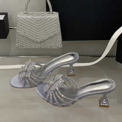 New Gold Silver Crystal Gem Strange Low Heels Slippers Rhinestone Flowers Summer Party Prom Shoes Mules Sandals