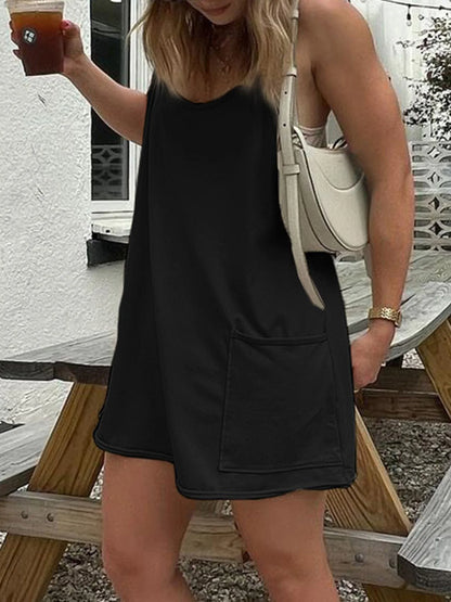 Black Two Layers Wide Leg Rompers Summer Vacation Loose Sleeveless Dress Playsuits